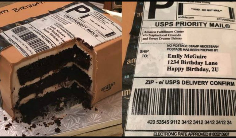 Amazon package shaped birthday cake goes viral on Facebook.
