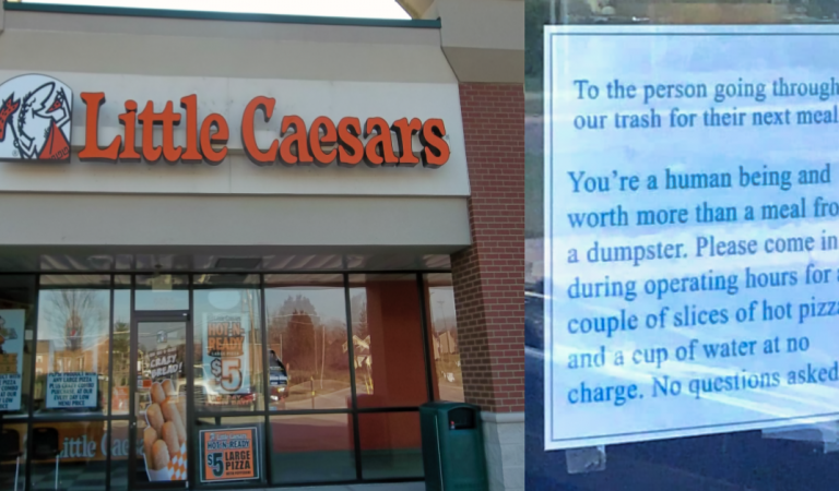 Little Caesars hangs sign on door after catching homeless people eating scraps from dumpster